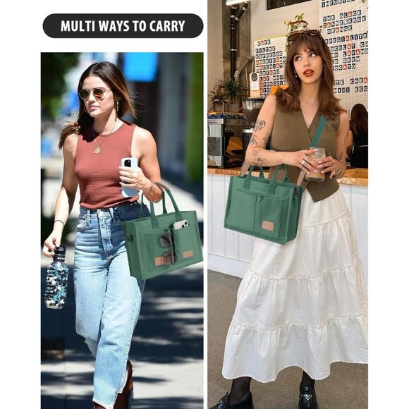 Women's Dark Green Canvas Tote Pockets Handle Crossbody Shoulder Satchel Bag - Picture 2 of 7